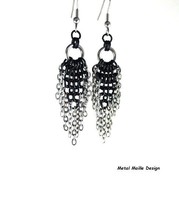 Black &amp; Silver Chains Short Fun Fringe Earrings Women&#39;s Unique Maille Jewelry - £21.64 GBP+