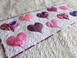 Hearts quilted table runner, Valentines bed topper, Mothers Day quilted mat - £73.24 GBP
