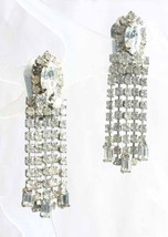 Prong-set Crystal Rhinestone Waterfall Silver-tone Clip Earrings 1950s 1 7/8&quot; - £11.17 GBP