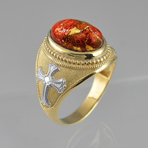 10K Gold Fleur-de-Lis Cross Orange Copper Turquoise Oval Gemstone Ring - £603.09 GBP