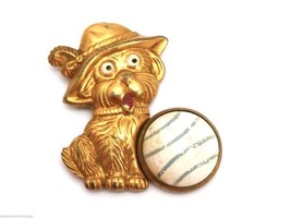 Vintage 1920s Brooch Brass Puppy Dog with Celluloid Ball - $21.78