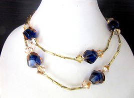 Crystal Glass Bead Necklace Fused Cobalt Blue &amp; Gold Single Strand 27 - ... - $21.86