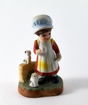 Girl Figurine Wearing Bonnet Drinking Tea With Two Black And White Kittens 1970 - £10.38 GBP