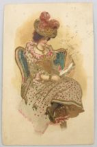 1900s Embossed Seated Lady in Victorian Dress w/ Pink Hat Postcard Duplex Cancel - £9.72 GBP