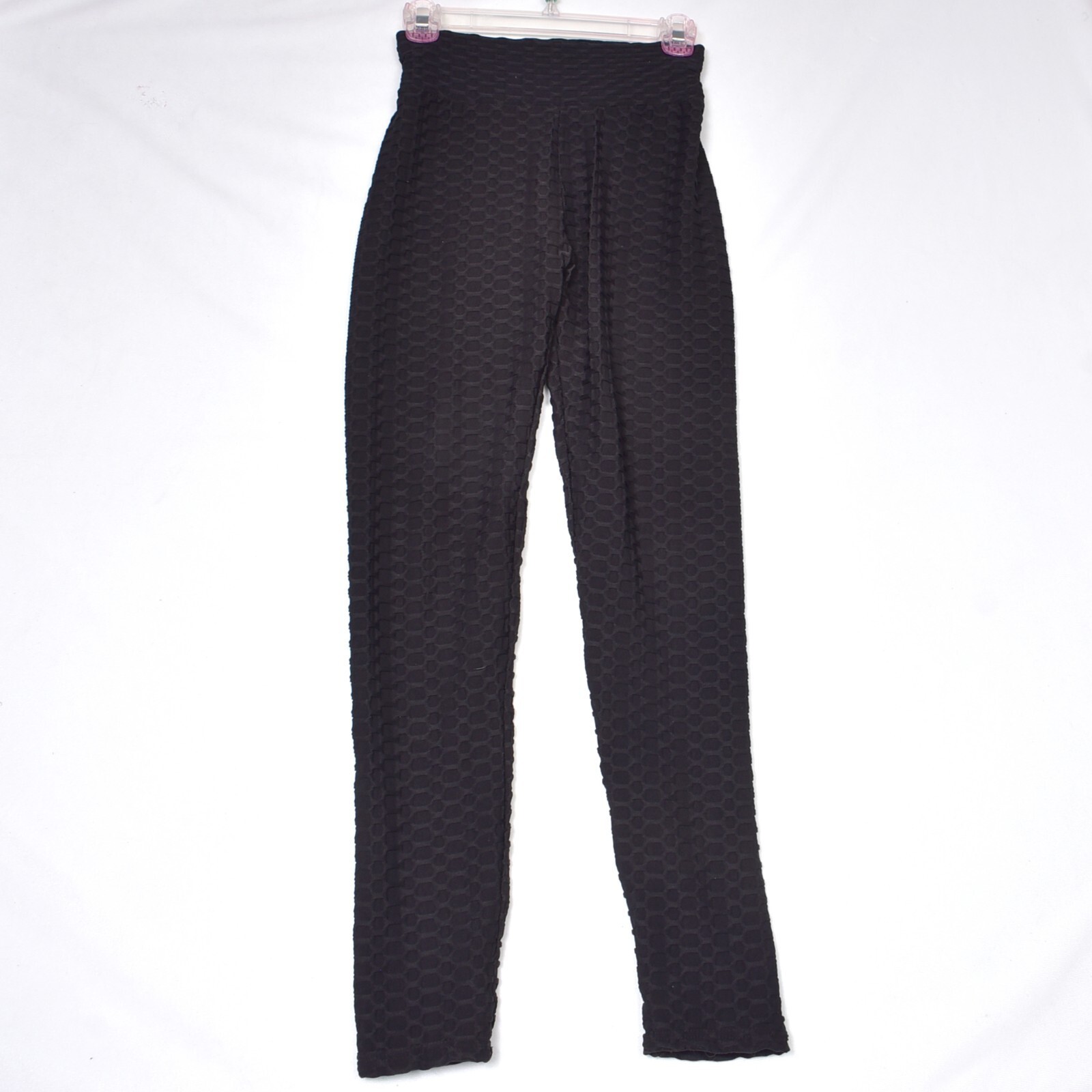Black Honeycomb Waffle Knit Compression Leggings Yoga High Waist Ruched ... - $14.50