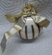 Lot of Eight Gold Stripes  White Ball Gold Ribbon Bow Vintage Ornaments - £23.62 GBP