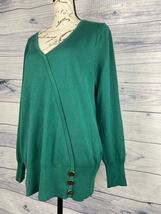 JM Collection V Neck Sweater Womens M Green Long Sleeve Gold Buttons Stretch - £10.42 GBP