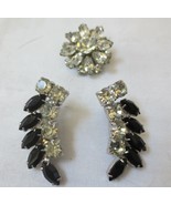 Vintage Clear  &amp; Black Rhinestone Brooch Clip on Earrings Prong Set Silv... - $35.00