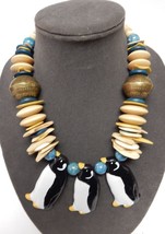 Penguin Necklace Hand Carved Wood Brass Balls Beads Chunky 20&quot; Vintage RETRO - £47.40 GBP