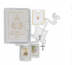 GIRL&#39;S COMMUNION SET WITH WHITE MASS BOOK CLOTH SCAPULAR ROSARY AND PIN - $49.99