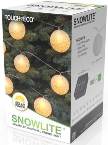 New TOUCH OF ECO Solar 10 LED Snowball STRING LIGHTS 20 Ft Indoor Outdoor NIB ! - $17.81