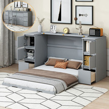 Full Size Murphy Bed with Drawers, Cabinets and USB Ports,Gray - £569.34 GBP