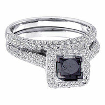 14kt White Gold Princess Black Color Enhanced Diamond Wedding Ring Set Size 8 - £768.09 GBP