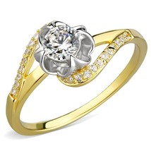 Two Tone Flower Shape CZ Split Band Yellow Gold Plated Silver Engagement Ring - £69.15 GBP