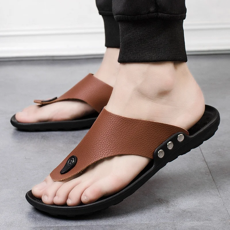 YRZL Slippers Summer Flip-Flops for Men Beach Slippers Brown Sandals Comfortable - £99.59 GBP