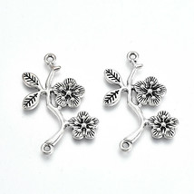 2 Flower Branch Connector Charms Cherry Blossom Antiqued Silver Link Pen... - £2.50 GBP