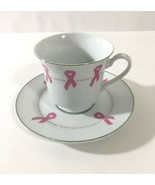 Breast Cancer Awareness Mug Tea Cup White Pink Ribbon Porcelain Saucer D... - $24.74