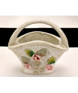 Small Porcelain Basket Planter, Pink 3D Rose Blooms, Woven Texture, Gold... - $20.03 CAD