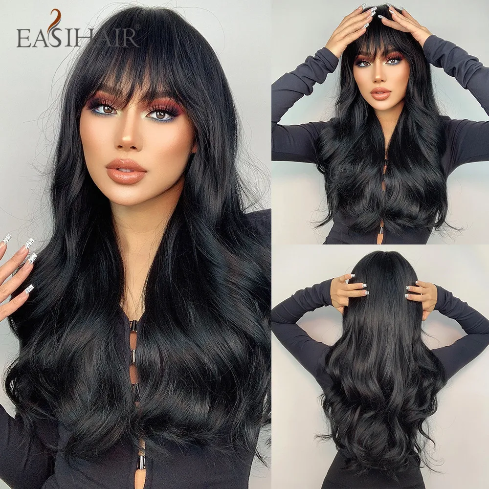 EASIHAIR Long Black Wigs Cosplay Body Wave Synthetic Wigs with Bangs for Whi - £20.41 GBP+