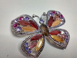 Monet Butterfly Brooch Pin Silver Tone Rhinestones Red, Lavender, Amber - £7.92 GBP