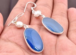 925 Sterling Silver Blue Agate &amp; Pearl Gemstone Handmade Earring Her Fest Gift - £38.59 GBP