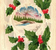 1913 Merry Christmas Embossed Postcard Winter Scene Holly Berries - £7.15 GBP