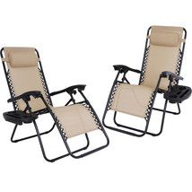 2X Outdoor Zero Gravity Lounge Folding Chair Beige For Patio Pool W/Cup Holders - £100.69 GBP