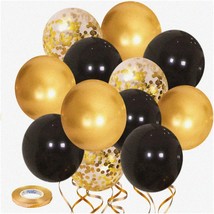 Golden Celebration Balloon Set - 50pcs 12 inch Gold Confetti &amp; Black Latex Ballo - £15.26 GBP