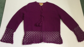 Vintage acrylic pullover sweater top bell sleeves tassel tie crochet edg... - £13.97 GBP