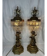 Antique Hollywood Regency Lamps Cherub Gold Crystal Jeweled Ornate - £913.24 GBP