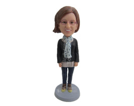 Custom Bobblehead Girl Feeling The Cold Wearing A Long-Sleeved Shirt And Tight J - £70.97 GBP