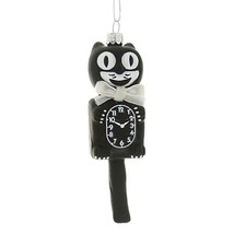 RETRO CAT CLOCK ORNAMENT 5&quot; Glass Cute Black Kit Kitty Cat Christmas Tre... - £15.65 GBP