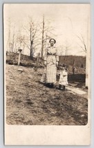RPPC Edwardian Mother In Plaid with Sweet Child in Yard Postcard I22 - £7.01 GBP