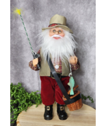 Fishing Santa Claus Figure 12&quot; Christmas Fisherman Pole Fish Basket Hat NEW - $28.99