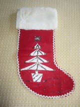 Vtg. Hand Crafted Red Felt &amp; Furry Cuffed White Tree Christmas 16&quot; Stocking - £15.69 GBP