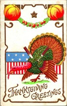 Vtg Postcard 1908 Thanksgiving Greetings w Turkey Being Carved Embossed Pumpkins - £7.65 GBP