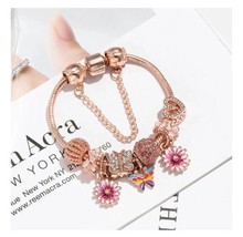 Daisy Flower Heart Bracelet Charm, Butterfly Bangle Charm, Rose Gold Floral  - £16.51 GBP