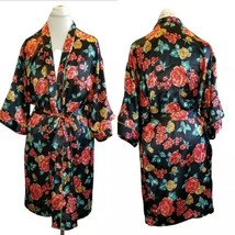 VTG Black Floral Satin Duster Robe Knee Length Red Flowers Sz M/L Romant... - £29.75 GBP