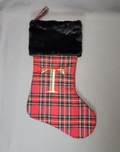 Monogram Christmas Stocking Initial Letter T Red Plaid &amp; Faux Fur 19&quot; Ho... - £19.58 GBP