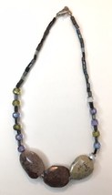 Beaded Necklace with 3 Large Natural Stones 17&quot; Estate Find - $18.00