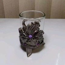 Pewter Candleholder Glass Votive Tea Light Floral Enchantment Purple Gems - $9.50