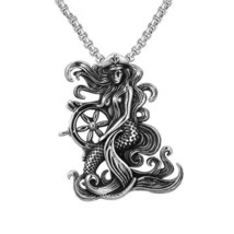 Men Women Silver Mermaid Ship Wheel Pendant Necklace Box Chain 24&quot; - £7.11 GBP