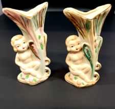 (2) Vintage late 40&#39;s Bisque Cherub Cupid Angel Baby Flower Vase Occupied Japan - £31.53 GBP