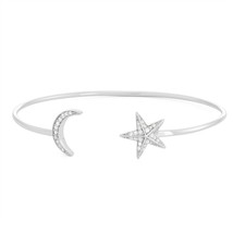 Sterling Silver CZ Crescent Moon and Star Open Cuff Bangle - £63.78 GBP