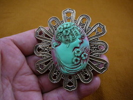 (cred-62) Woman daisy flowers in hair shoulder Green RED CAMEO brass Pin Pendant - £25.55 GBP