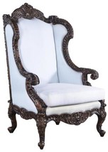 Wingback Chair Intricate Carved Wood Distressed Walnut Finish Muslin Upholstery - £2,343.87 GBP