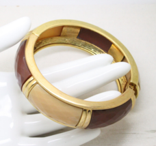 Vintage Signed Joan Rivers Brown Cabochon Gold Hinged Bangle Bracelet Jewellery - £27.28 GBP