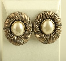 Vintage sterling silver Judith Jack Oval Pearl and Marcasite clip stud Earrings - £85.66 GBP