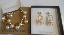 Banana Republic Faux Pearl Chain Bracelet &amp; Pierced Earrings NWT - £19.34 GBP