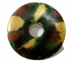 Estate Find Painted Metal Round Donut Shaped Brooch Pin Red Gold Green Abstract - £3.73 GBP